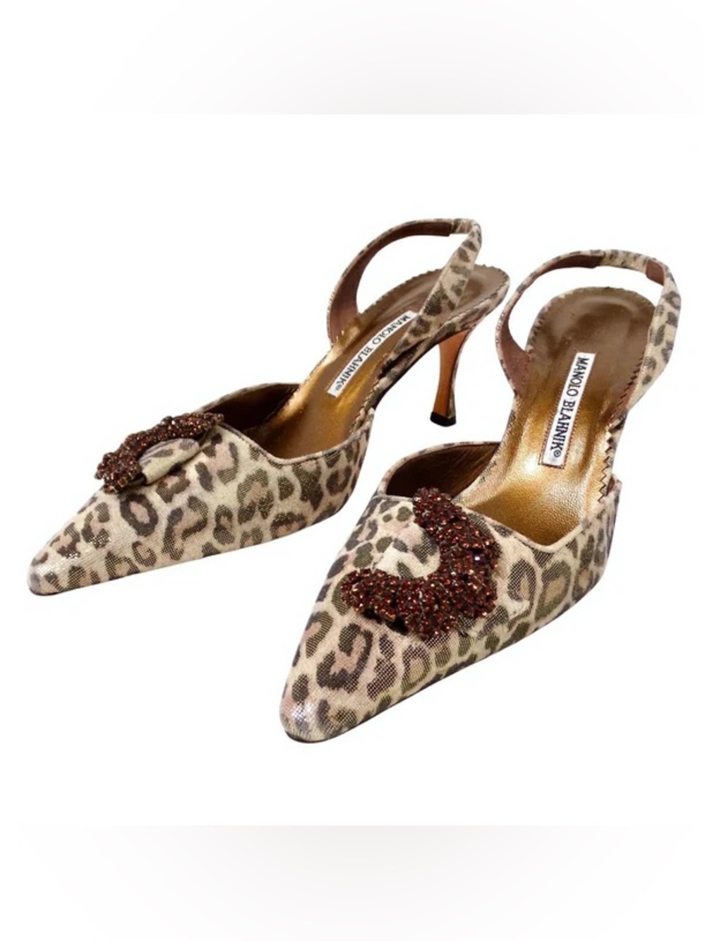 Manolo Blahnik Metallic Cheetah Print Slingback Kitten Heel Crescent Jewel 35/6